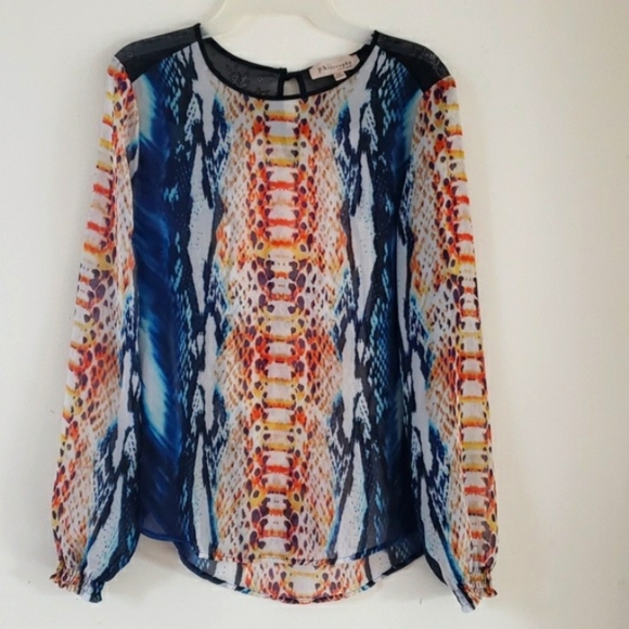 Philosophy Tops - PHILOSOPHY Snake-Print Semi-sheer Multicolor Black Shoulder Lace Trim Top XS